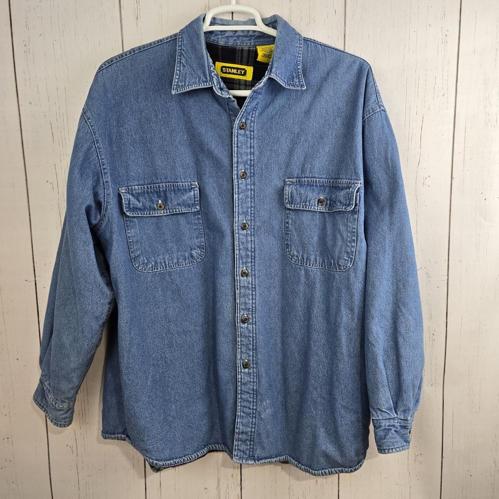 Stanley Denim Shirt Shacket Mens XL Blue Plaid Fleece Lined Long Sleeve